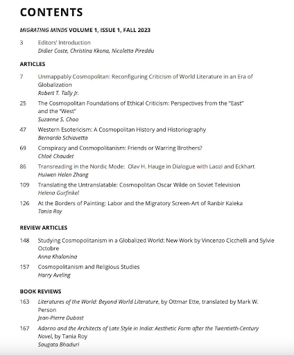 table of contents for Migrating Minds Vol. 1, Issue 1, Fall 2023