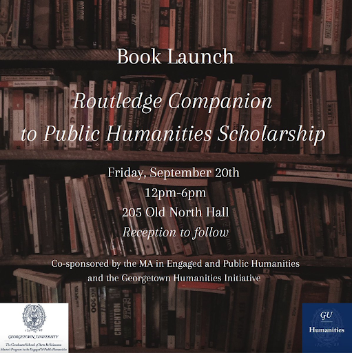 The Routledge Companion to Public Humanities Scholarship Book Launch flyer - books on a shelf