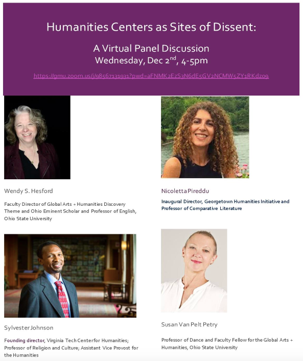 Flyer for Humanities Centers as Sites of Dissent Event (It has a purple banner at the top and four headshots of the speakers stacked on top of one another with their name and titles below)